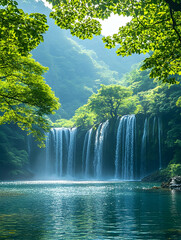 Waterfall cascading into pool, framed by lush green trees and bright sunlight