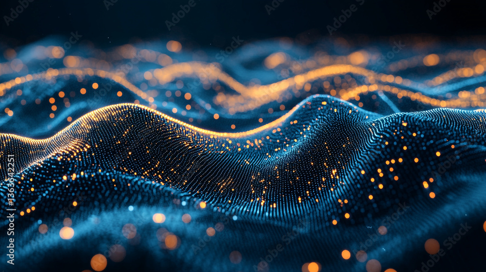 Poster abstract blue and orange wave pattern with glowing particles on a dark background design element