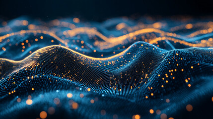 Abstract blue and orange wave pattern with glowing particles on a dark background design element