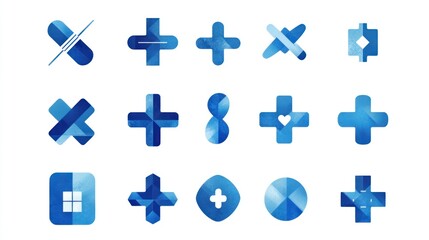 Obraz premium Blue medical cross icons, healthcare symbols, design elements, white background, graphic design