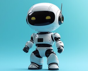 Cute robot character standing on a blue background, showcasing futuristic design
