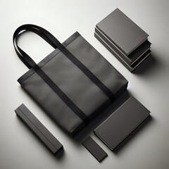 Minimalist Monochrome Still Life: Dark Gray Tote & Coordinated Books with Accessories
