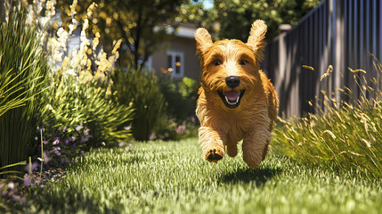 Boundary bliss a dog running freely within the safe confines of a high tech invisible dog fence in a lush yard. Lush Containment. Illustration