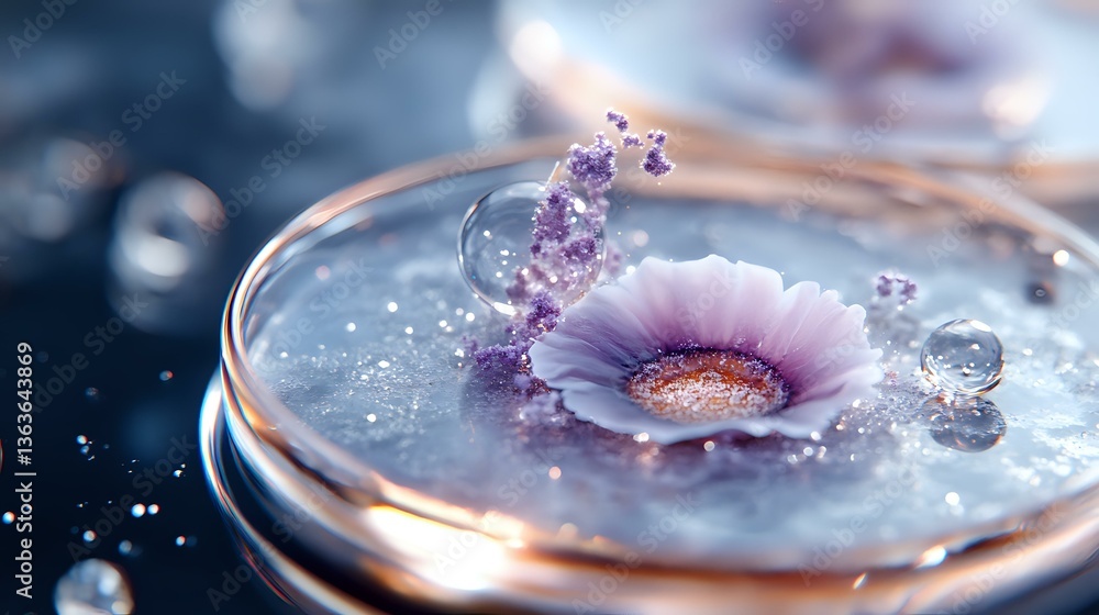 Poster delicate purple daisy floating in crystal clear water with tiny bubbles and droplets, creating dream