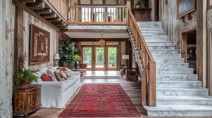 Fototapeta premium A farmhouse-inspired open-concept home featuring a statement-making marble staircase, framed by reclaimed wood railings.