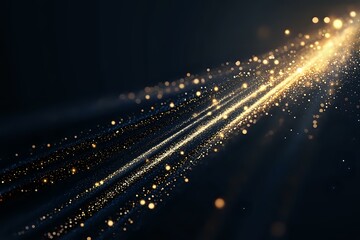 Fototapeta premium Glowing golden light trails with sparkling particles flowing diagonally across dark background, creating magical atmosphere for festive designs.