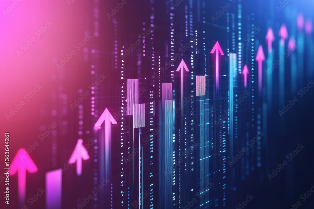 Poster upward moving arrows on an abstract tech background with vibrant colors