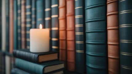 Burning candle illuminating ancient leather-bound books in a cozy library