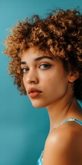 Fototapeta premium Young mixed race woman with natural curly hair and coral lipstick in profile view against turquoise background, wearing minimal summer attire. Professional beauty portrait.