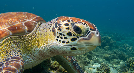 Fototapeta premium Close-up of a Green Sea Turtle Head with Reef Reflection in its Eye