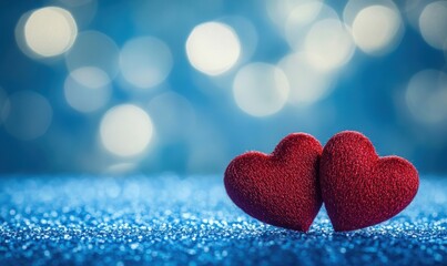 Two red sparkling hearts placed on a blue surface with a bokeh effect in the background, creating a romantic and festive atmosphere