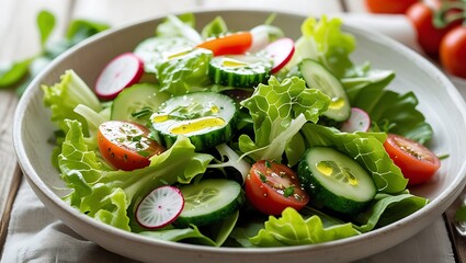 Fresh salad with seasonal vegetables and light dressing – Vibrant, healthy, refreshing spring dish, natural textures, rustic presentation.


