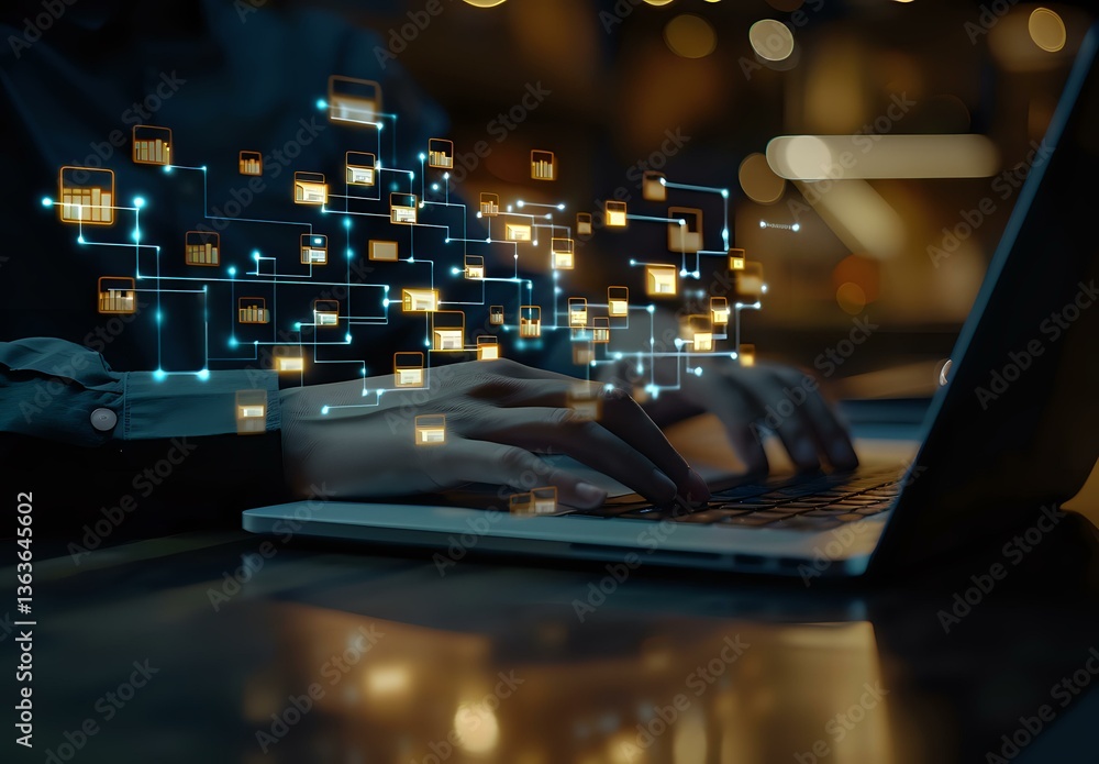 Poster hands typing on laptop keyboard with glowing digital data blocks floating above in dark room, repres