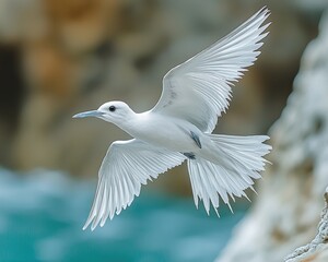 Obraz premium Elegant white bird in mid-flight over turquoise waters near rocky coastline
