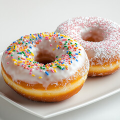 Sprinkled and Powdered Sugar Donuts on White Plate