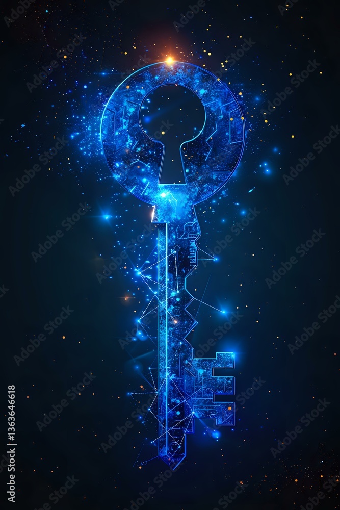 Poster glowing blue digital key with circuit pattern elements floating in dark space surrounded by magical 
