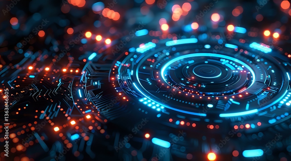 Poster futuristic circular technology interface with glowing blue and red lights on circuit board backgroun