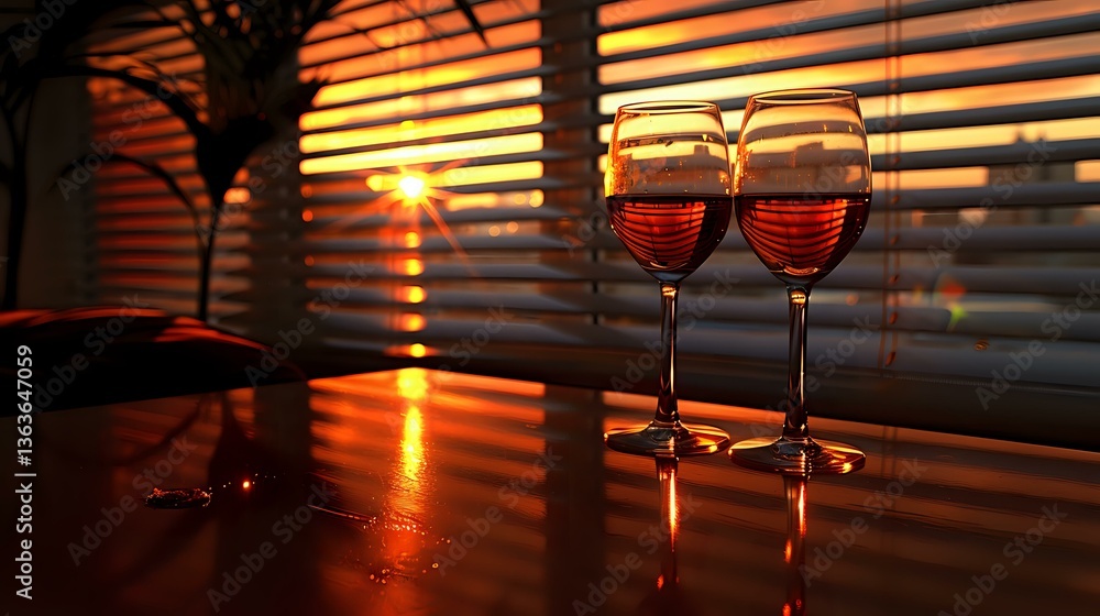 Poster two glasses of red wine on table with dramatic sunset light streaming through window blinds creating