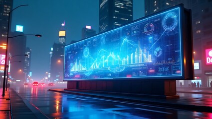 Digital Billboard Displaying Data Visualization in a City at Night
