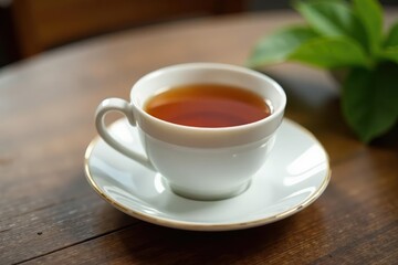 Tea in a delicate white ceramic cup resting on a wooden table, cup, table