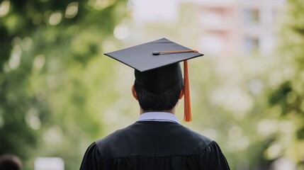 Graduate Student in Cap and Gown Back View Outdoors Green Background Academic Achievement