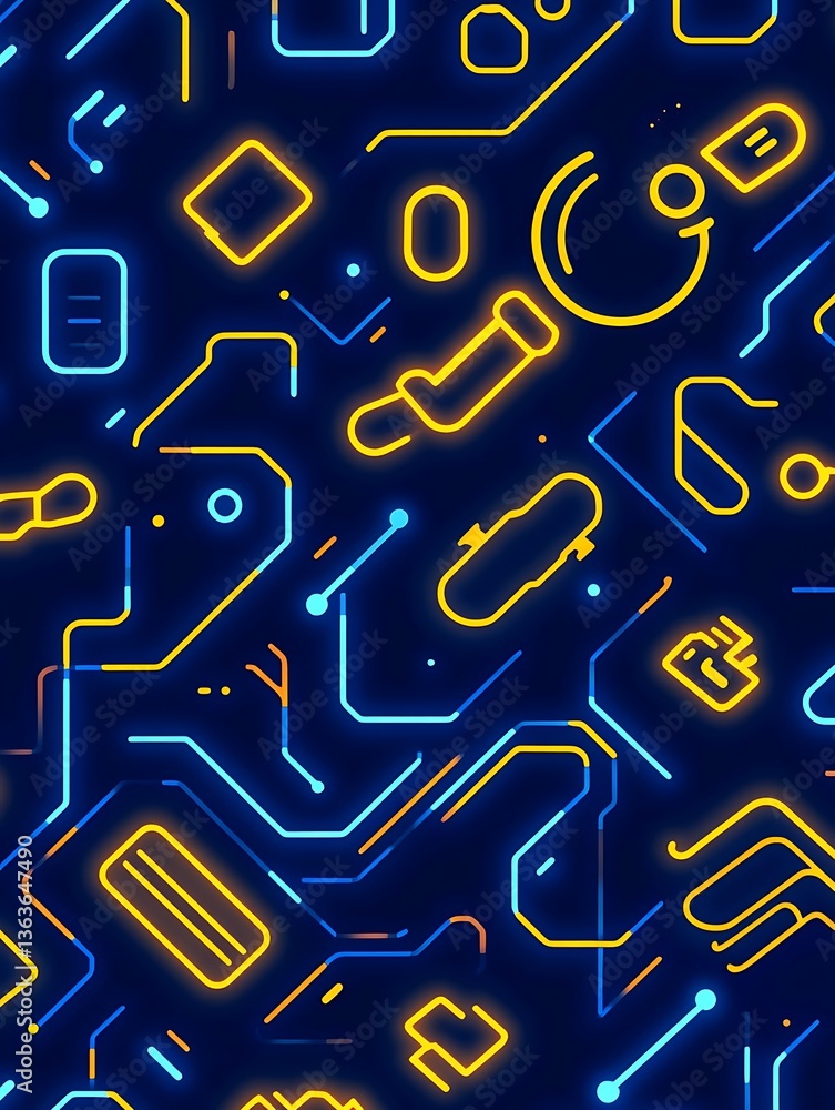 Poster futuristic circuit board seamless pattern with glowing elements on dark backdrop