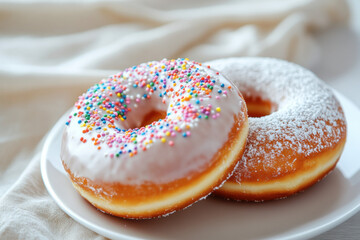 Sprinkled and Powdered Sugar Donuts on White Plate