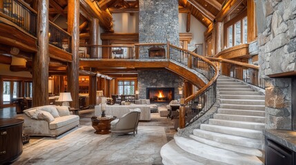 A grand lodge featuring a dramatic marble staircase, set within an open loft framed by rich wooden beams and an expansive stone fireplace.