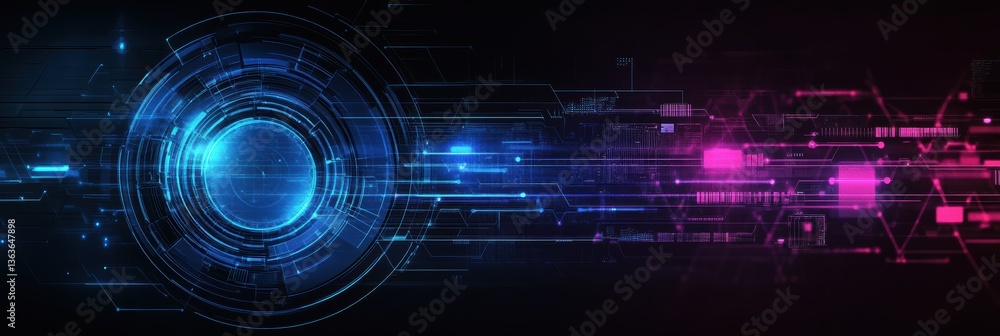 Poster digital blue and purple technology circle design on dark background with dynamic lines and patterns