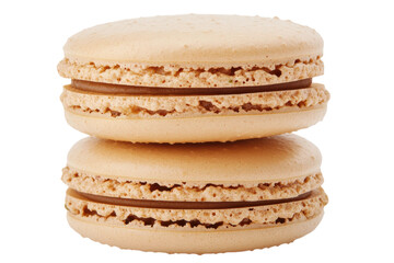 Two delicious caramel-filled macarons stacked on white background, cut out