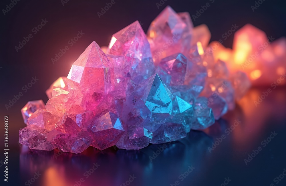 Poster abstract image features vibrant, colorful crystal facets with glowing effect against dark background