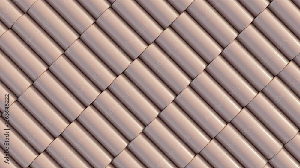 Poster abstract 3d render, rhythmic mocha mousse cylinders with precise geometric movement, seamless looped