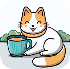 Kawaii cat holding coffee cup. Adorable cartoon icon for cozy lifestyle, cat lovers, cafe branding, stickers, children's prints, and cute animal-themed vector collections.

