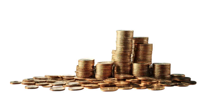 Stacks of golden coins on a wooden table, creating a visually appealing representation of wealth, growth, and financial success.