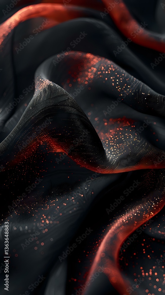 Poster abstract black waves with glowing red particles and light effects creating dynamic flowing curves an