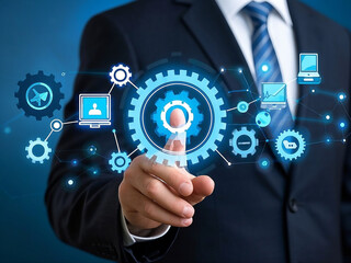 Automation of business or robotic process RPA technology. Transfer of data between application. 
Businessman touching gears icon on network connection.