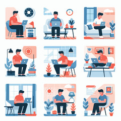 vector young man playing laptop 