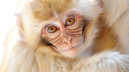 Closeup portrait of a young primate with light fur and expressive eyes
