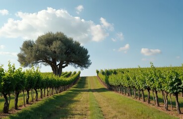 Naklejka premium Vineyard landscape with a large tree. Rows of grapevines stretch into the distance under blue sky. Summer vacation in Alentejo, Portugal. Wine production, grape harvest.