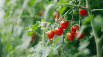 Fresh Ripe Tomatoes Growing on the Vine in a Lush Garden Perfect for Culinary and Agricultural