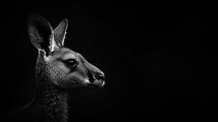Fototapeta premium A monochrome image of a kangaroo's face at night, with raised ears and dilated eyes