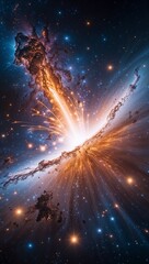 An explosively beautiful supernova, pulsating with cosmic energy and shining colors that seem to dance in the vastness of space. 