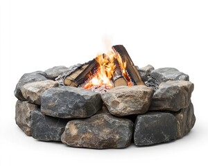 Fire Pit with Burning Wood Logs and Rocks on Isolated Background