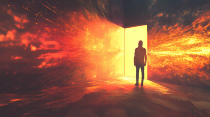 A silhouette of a person standing before a luminous door, symbolizing new beginnings and opportunities in life. Luminous Emergence. Illustration
