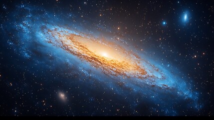 Fototapeta premium Spiral galaxy with bright core and blue arms in deep space.