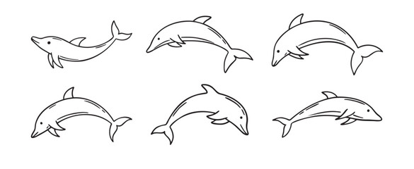 Obraz premium dolphin doodle hand drawn icon set. Outline drawing dolphin line clipart symbol collection