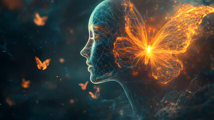 Obraz premium Captivating digital artwork depicting a glowing mesh butterfly emerging from a luminous ethereal head. Luminous Emergence. Illustration