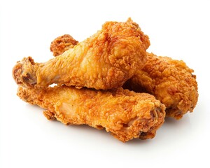 Crispy Fried Chicken Drumsticks Stacked on White Background Ready to Eat