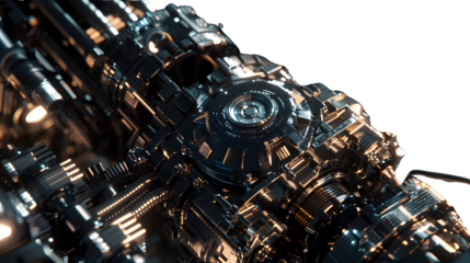Closeup of intricate metallic mechanism complex gears and polished surfaces dark background
