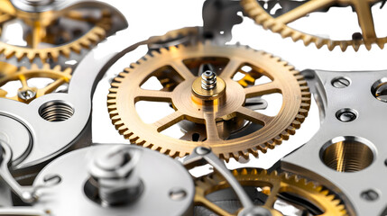 Closeup of intricate gold and silver gears in complex mechanism